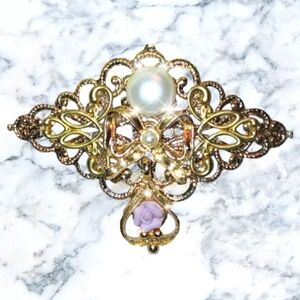Upcycled Vintage Porcelain Rose & Pearl Victorian Goldtone Brooch
